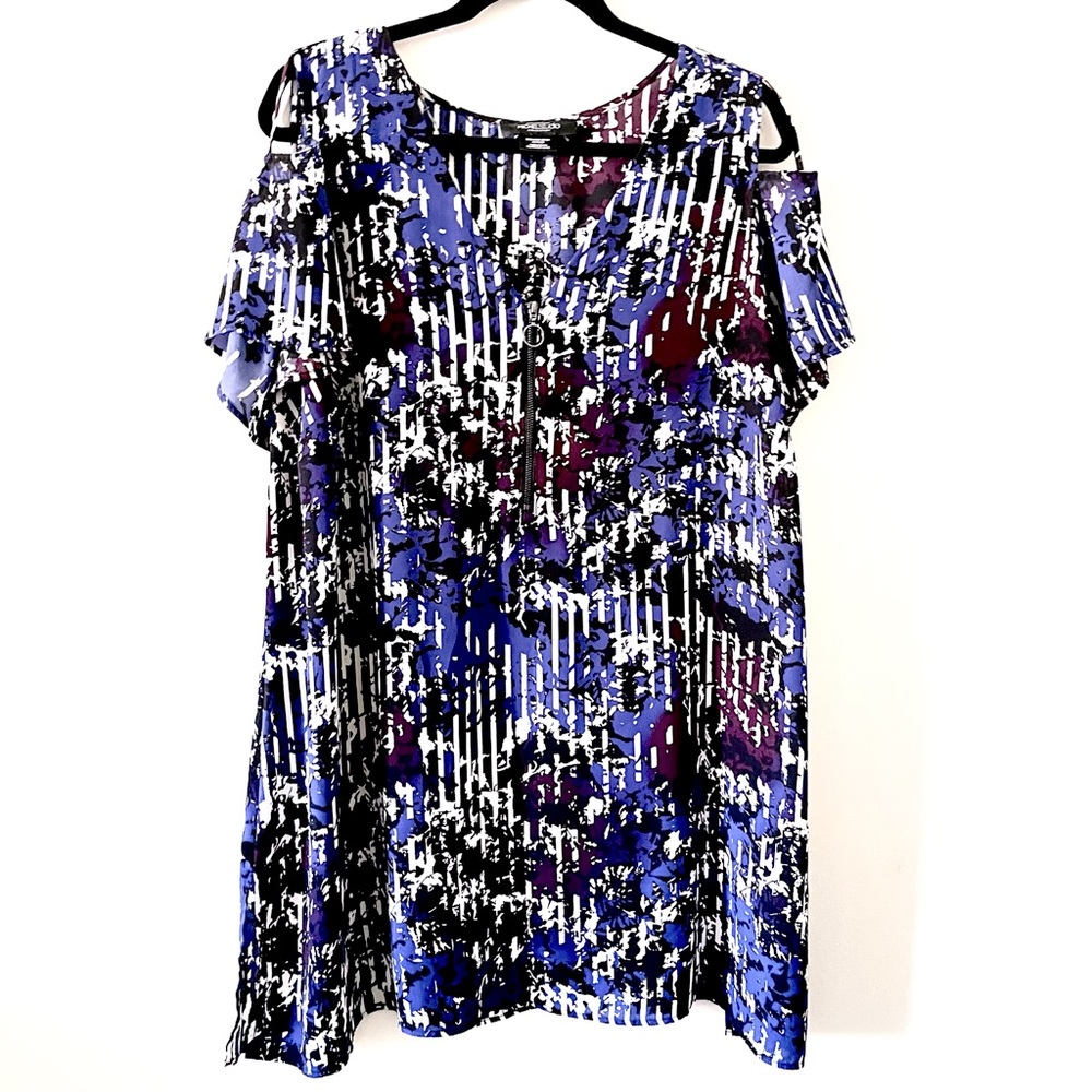 Michel Studio Cold Shoulder Short Sleeve Blue/Black/Purple/White Top/Tunic US 22